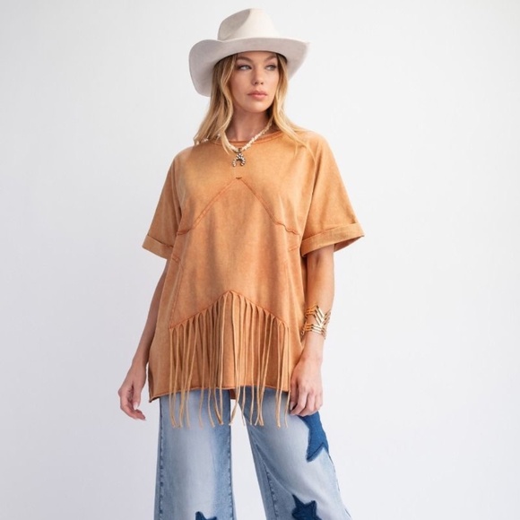 easel Tops - New Easel Star Fringed Cotton Tee Pullover Mineral Wash Cotton Shirt Top PUMKIN